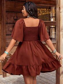 Vestido de mujer talla grande con cuello cuadrado bordado, mangas con volantes y estilo bohemio - Café integral - Ver 2