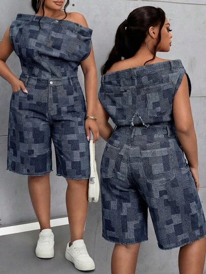 Slaydiva New Plus-Size Denim Jumpsuit For Summer, Asymmetrical Shoulder Frayed Edges, Jacquard Plaid Denim Jumpsuit, Dark Blue Jumpsuit. Summer Clothes Festival Outfits For Women   Vacation Outfits Women  Y2k Country Style For Women Mothers Day Outfit Country Concert Outfit