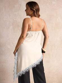 Elegantrix Plus Size Women Urban Casual Lace Asymmetric Hem V-Neck Patchwork Solid Color Camisole White Slip Top - Apricot - View 5