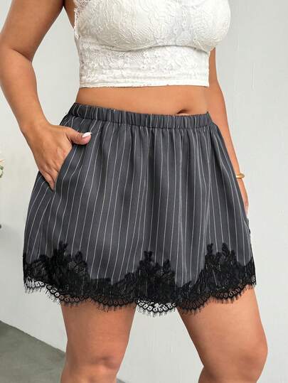 Firerie Plus Size Women Striped Elastic Waist Contrast Lace Skorts