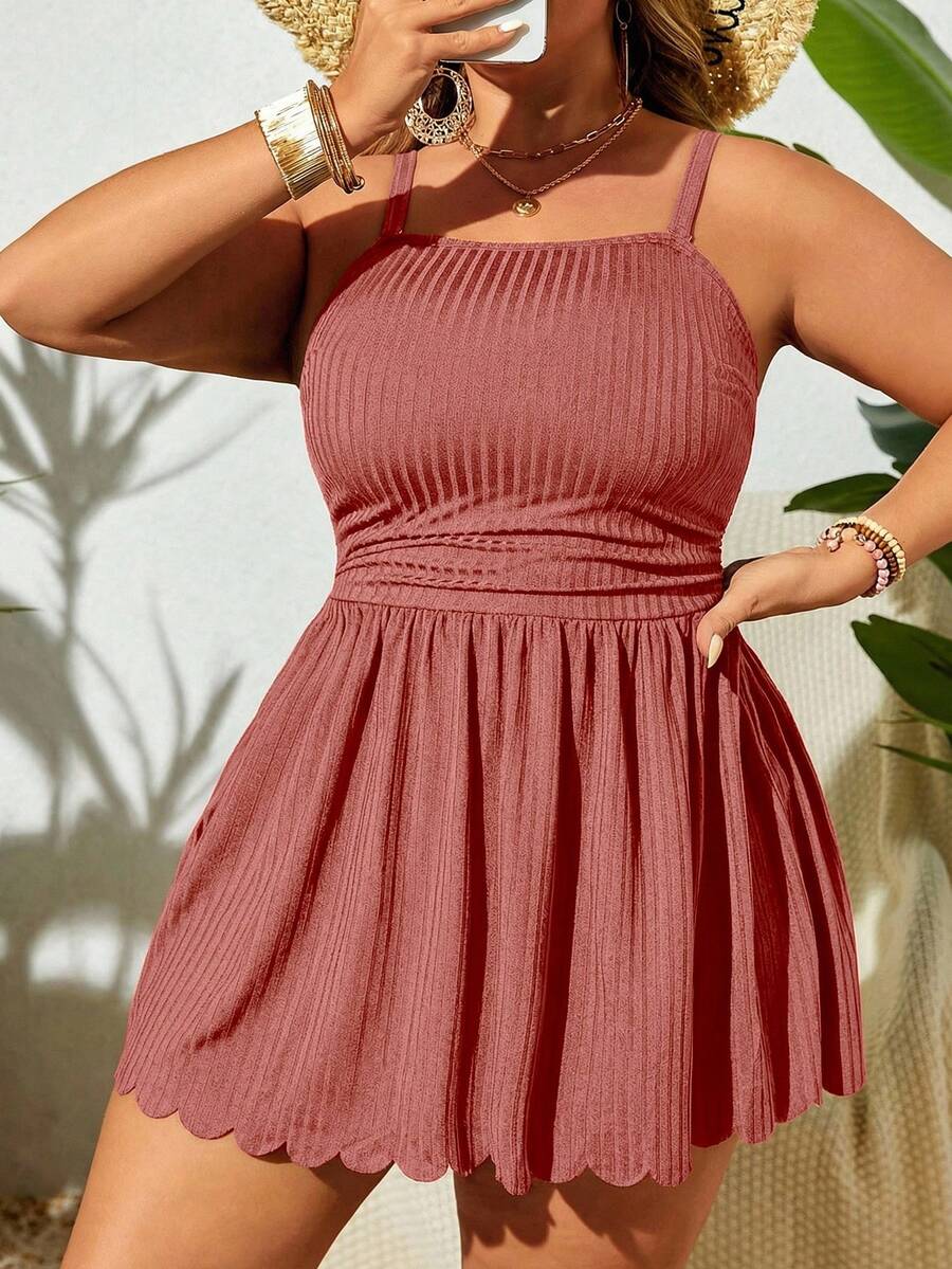 Swim Lushoire Plus Size Women's Solid Color Ruched Camisole Top And Triangle Bottoms Bikini Swimsuit Set - Coral Pink - View 1