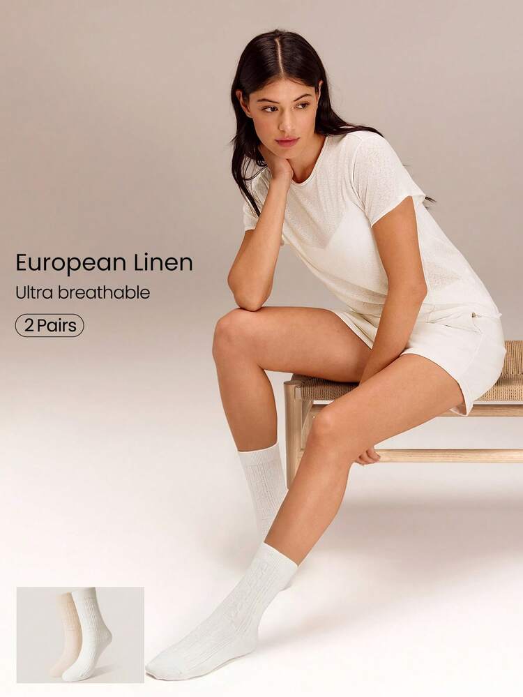 2-Pair European Linen Cotton Blend Cable-Knit Seamless Toe Socks Holiday Vacation Summer Daily Casual Wear