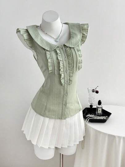 Elamini Áo kiểu cotton nữ mùa hè, cổ xếp ly và tay ngắn, chất liệu cotton trang trí, thích hợp cho mùa hè.