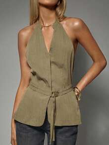 Avantive Spring&Summer Women Romantic/Prom/Formal/Birthday/90s Clothes/Business Casual Woman/Elegant/Western Wear/Going Out/Fashion/Casual/Y2k Clothes/Club/Office /Cocktail/Vintage/Bodycon/Rave Outfits Festival/Funny/Classy/Old Money/Streetwear/Vacation Outfits/Country Concert Outfit/Work Clothes /Modest/Spring Break/Bachelorette Outfits/Concert/Baddie/Basic/Graduation/A Line/1960s Outfit Coachell /V Neck/Sleeveless Top - Khaki - View 1