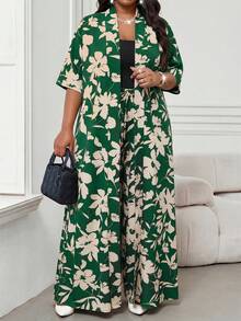 SHEIN Lady 大码女式印花长款开衫和裤子两件套休闲套装 - 綠色 - 查看 7