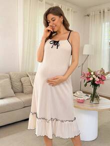 Moonlight&Mama BloomMama 休闲时尚米色泡泡褶皱无袖黑色波浪边撞色装饰哺乳孕妇连衣裙家居服 - 杏色 - 查看 3