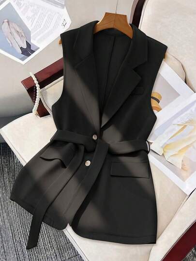 GlowEve CURVE Áo khoác blazer nữ cỡ lớn màu trơn cổ bẻ, không tay, kiểu dáng công sở thường ngày, màu đen, thích hợp cho mùa hè.