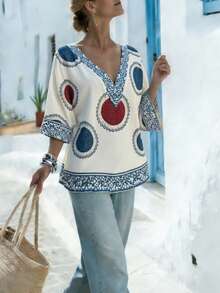 SHEIN Holidaya Women's V-Neck Printed Loose T-Shirt For Vacation, Summer - Multicolor - View 3