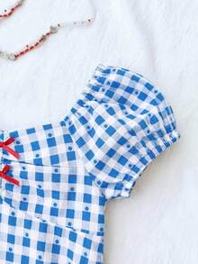 SHEIN Tween Girl Casual Minimalist Comfortable Plaid Back Strap Shirt - Blue - View 7