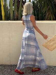 Đầm casual không tay cổ tròn phối lưới kẻ caro cho nữ, thích hợp mặc đi nghỉ mát mùa hè. - Màu xanh lam - Xem 2