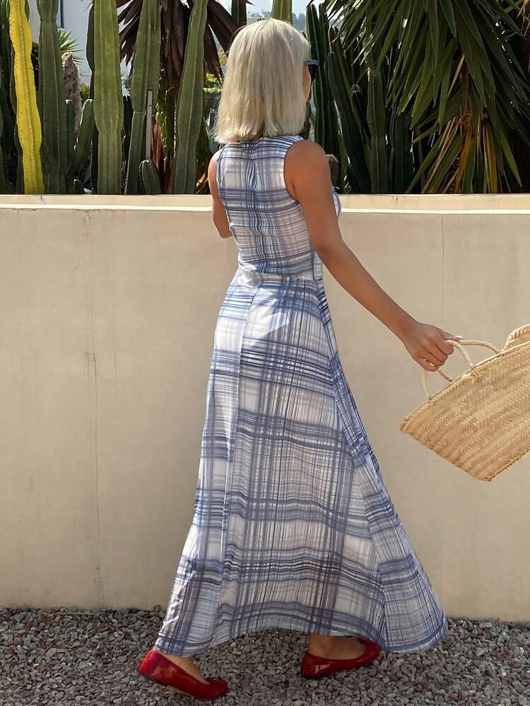 Plaid Mesh Splicing Round Neck Sleeveless Casual Vacation Dress For Women, Summer Sun Dresses For Women