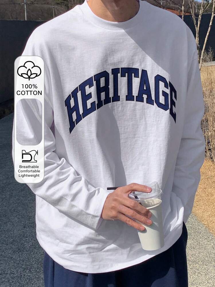 Men Autumn Letter Print Crew Neck Long Sleeve Casual T-Shirt,Graphic Tees, Fall