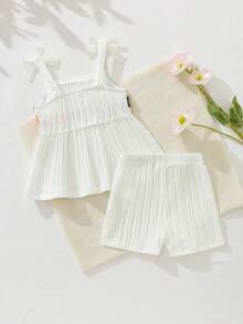 SHEIN Playful Pals 2件套女婴幼儿/新生儿0-3岁休闲日常可爱度假条纹蝴蝶结装饰吊带背心+短裤套装，春夏款 - 米色 - 查看 2