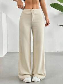 SHEIN EZwear 大码女式卡其色高腰直筒休闲裤 - 卡其色 - 查看 9