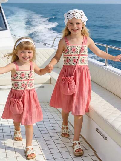 SHEIN Genkimix Kids Girls' Pink Camisole Embroidered Dress With Matching Cute Round Bow Backpack, Casual Vacation Outdoor Active Lovely Dress Suitable For Daily Leisure, Elegant Holiday Outfit