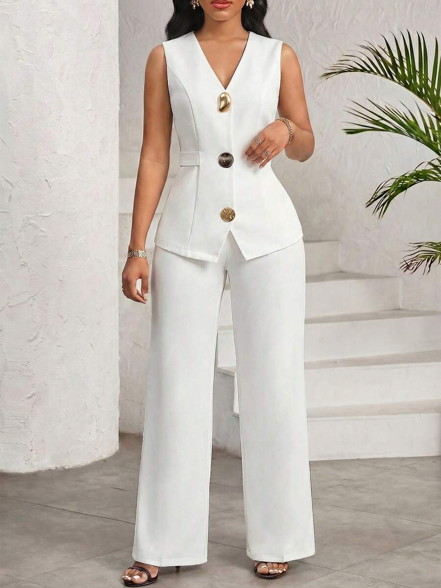 SHEIN Lady Bộ đồ nữ gồm áo vest cổ chữ V cài một hàng khuy và quần ống rộng, kiểu dáng thường ngày, thích hợp đi làm. - trắng - Xem 1