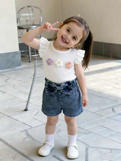 SHEIN Vintaside Kids Baby Girl Casual Cute Street Style White Ribbed Sleeveless Top With Colorful 3D Floral Decor Denim Shorts With Bow Waist Decoration, Summer Outfit