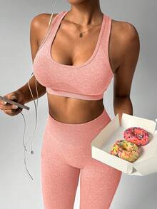 SHEIN Sports 女士纯色露脐背心和紧身裤运动套装 - 泡泡糖粉 - 查看 7