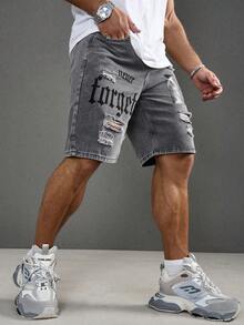 Manfinity Roughcore Plus Size Men's Letter Print Pocket Distressed Denim Shorts - Grey - View 6