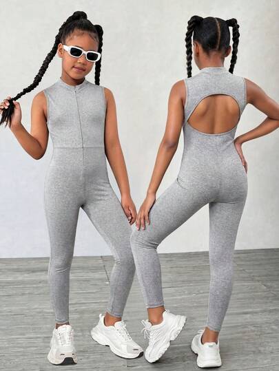 Sparklyn Bộ áo liền quần ôm sát không tay, khoét lưng dành cho bé gái cỡ lớn, phong cách thể thao, yoga, tập thể dục, đường phố, dệt kim màu trơn.