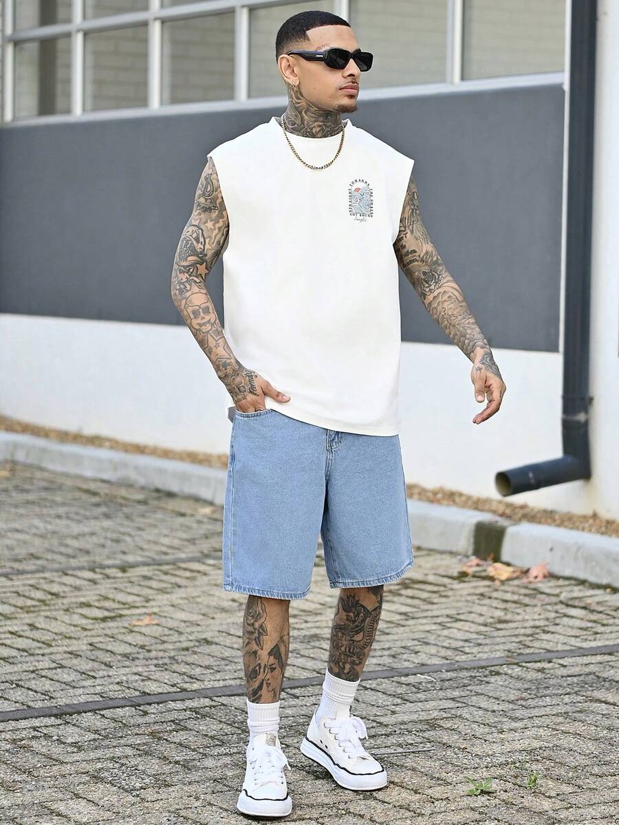 Devon Thys Áo ba lỗ họa tiết sóng thường ngày cho nam màu trắng, có dây rút và thiết kế cạp chun, phù hợp cho mùa hè - trắng - Xem 1