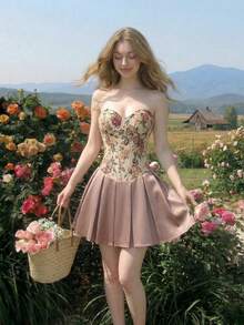 SHEIN MOD Đầm mini quây xếp ly in hoa dành cho nữ, thời trang cho hẹn hò và tiệc tùng, mùa hè, lễ hội, bãi biển, đám cưới, kỳ nghỉ, phong cách cổ điển, đầm, đầm mini corset in hoa màu kem cho nữ, đầm satin xếp ly dáng xòe không dây cổ tim có gọng, đầm dự tiệc dáng xòe thanh lịch lãng mạn phong cách cổ điển cho buổi hẹn hò, tiệc cocktail, khách dự đám cưới, kỳ nghỉ, lễ hội, sinh nhật, mùa hè, lễ hội, bãi biển, tiệc trà, trang phục, kỳ nghỉ, in họa tiết, đi chơi, dễ thương, tiệc vườn, lãng mạn, buổi hòa nhạc đồng quê, lễ hội âm nhạc, phong cách Boho, Y2K, cổ điển, Cottagecore, hoa, xếp nếp - Màu nâu Sô-cô-la - Xem 5