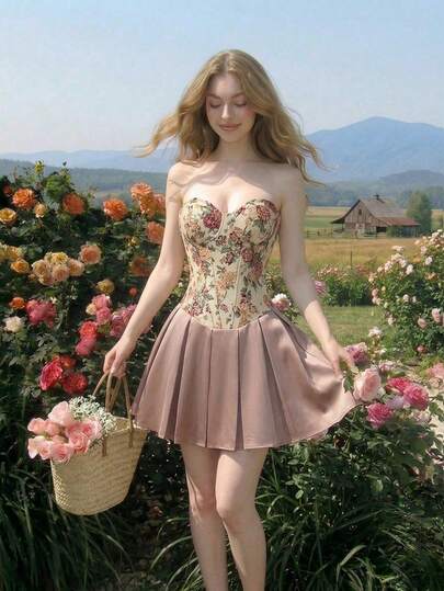 SHEIN MOD Đầm mini quây xếp ly in hoa dành cho nữ, thời trang cho hẹn hò và tiệc tùng, mùa hè, lễ hội, bãi biển, đám cưới, kỳ nghỉ, phong cách cổ điển, đầm, đầm mini corset in hoa màu kem cho nữ, đầm satin xếp ly dáng xòe không dây cổ tim có gọng, đầm dự tiệc dáng xòe thanh lịch lãng mạn phong cách cổ điển cho buổi hẹn hò, tiệc cocktail, khách dự đám cưới, kỳ nghỉ, lễ hội, sinh nhật, mùa hè, lễ hội, bãi biển, tiệc trà, trang phục, kỳ nghỉ, in họa tiết, đi chơi, dễ thương, tiệc vườn, lãng mạn, buổi hòa nhạc đồng quê, lễ hội âm nhạc, phong cách Boho, Y2K, cổ điển, Cottagecore, hoa, xếp nếp