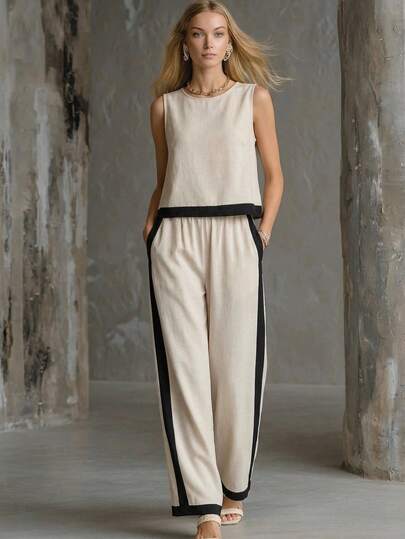 EMERY ROSE Women's Contrast Color Round Neck Tank Top And Pants Casual 2 Pieces Set Summer Outfits For Women Work Outfits For Women Office Outfits For Women Two Piece Set Women Elegant Two Piece Set For Women Summer Two Piece Set 2-Piece Going Out Sets For Women Matching Sets For Women Women's Blouse Set Coords For Women Casual Classy