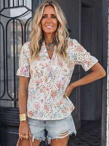 LanaWest Áo kiểu nữ phong cách Bohemian cổ chữ V khoét rỗng họa tiết hoa retro, chất liệu cotton. - Hồng - Xem 5