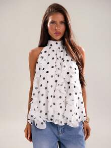 SHEIN BAE Women's Polka Dot Print Ruffle Hem Sleeveless Blouse - White - View 4