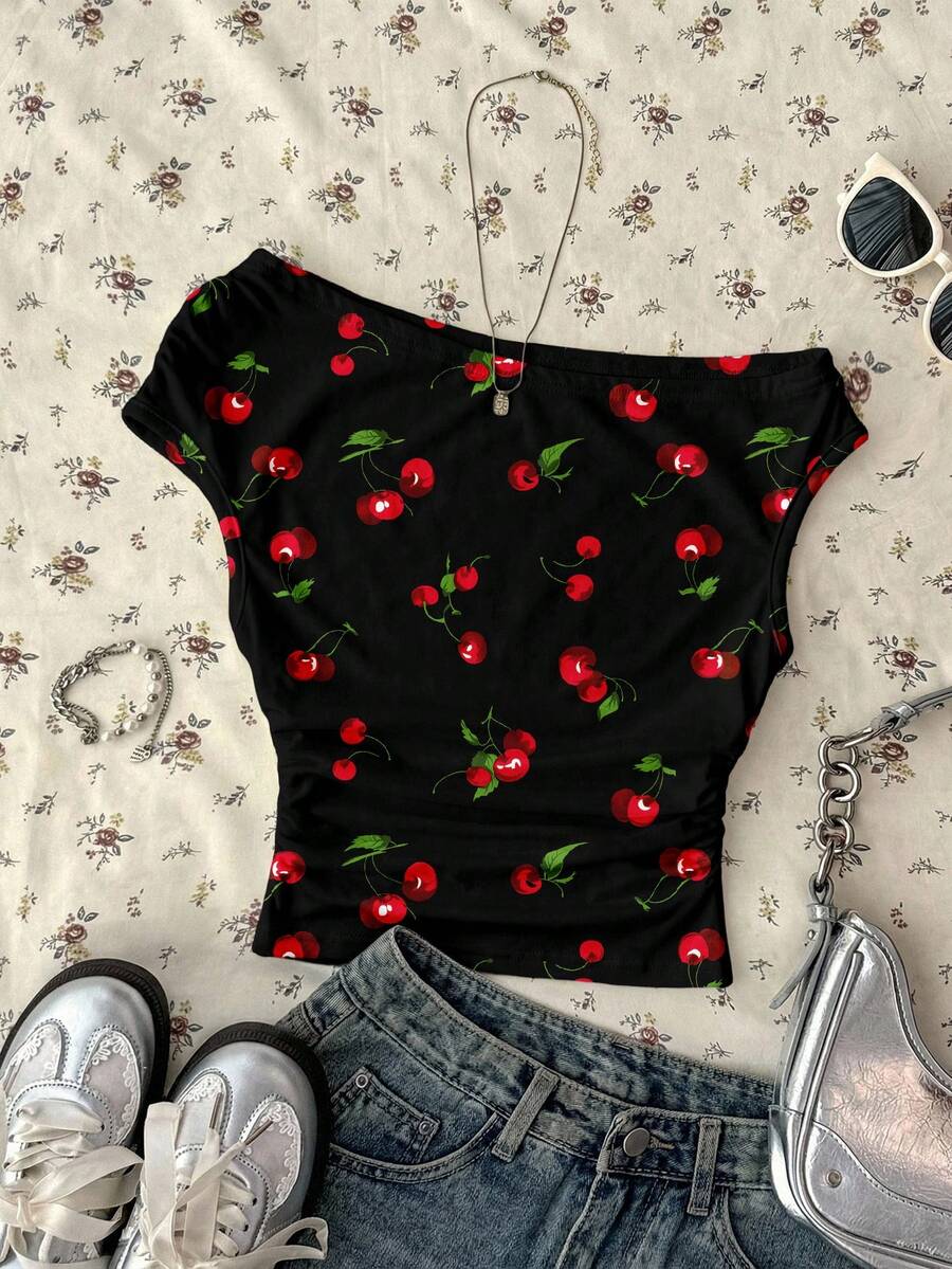 SHEIN EZwear 女士紧身不对称肩部樱桃印花褶皱露脐上衣 - 彩色 - 查看 1