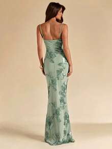 SHEIN BAE Women's Green Knitted Cami Maxi Dress With Spaghetti Strap Neckline And Plant Pattern For Party - Green - View 2