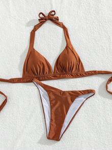 Swim Chiccia 2件套泳装度假夏季纯色亮面面料挂脖交叉系带比基尼套装 - 紅木色 - 查看 3
