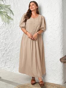 EMERY ROSE Plus Size Women's Casual Round Neck Short Sleeve Long Dress, Beige Flowy Boho Beach Holiday Outfits,Spring/Summer Sommar Vacation Dress - Apricot - View 6