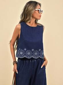 SHEIN TRVLCHIC Women's Fashion Embroidered Denim Vest Top - Dark Wash - View 3
