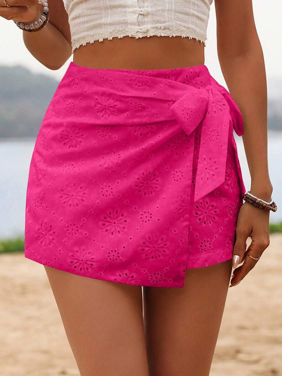 Glamine Summer Vacation Casual Eyelet Embroidery Lace-Up Wrap Shorts - Hot Pink - View 1