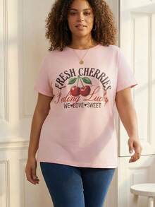 ELLERISSA Plus Size Pink Cherry Graphic Crew Neck T-Shirt - Pink - View 4