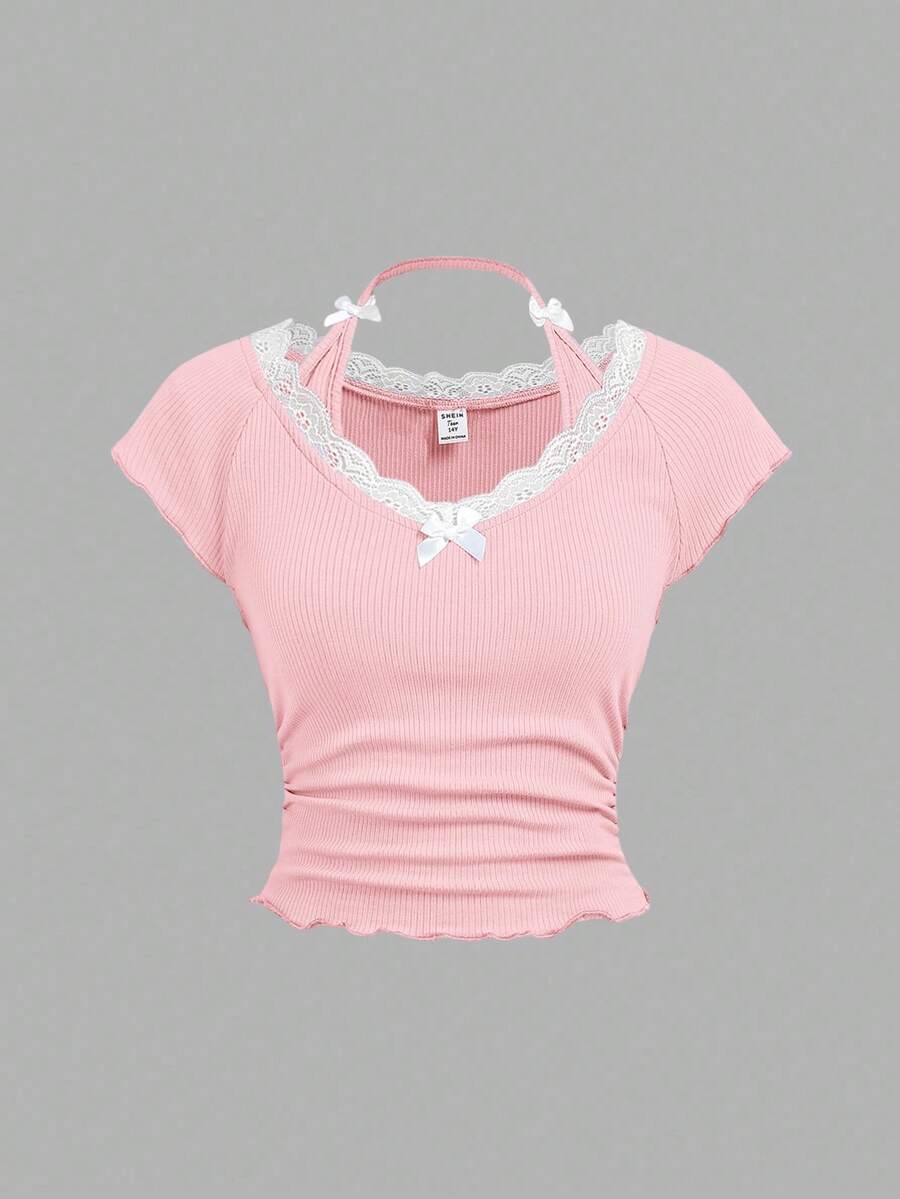 SHEIN Girlism Áo thun dệt kim tay ngắn, ôm dáng, co giãn, màu trơn, cổ chữ V, viền ren, trang trí nơ ruy băng, dành cho bé gái tuổi teen, màu hồng. - Hồng - Xem 1