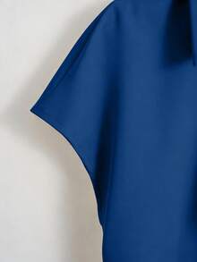 Franclia 百搭休闲蝙蝠袖V领印花围巾系带衬衫，米色，短袖，宽松版型，适合春夏办公室通勤穿着。 - 藍色 - 查看 5