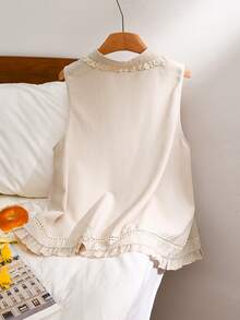 CosyJoli Camisa de mujer de talla grande con botones, sin mangas y con volantes en el bajo, de unicolor - Albaricoque - Ver 2