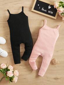 SHEIN Baby Girl 2pcs Ribbed Knit Cami Jumpsuit - Black - View 3