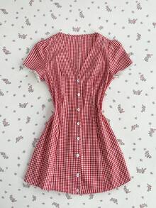 Elamini Đầm nữ kẻ caro cổ chữ V tay ngắn cài một hàng khuy kiểu dáng thường ngày - Đỏ - Xem 7
