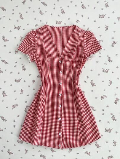 Elamini Đầm nữ kẻ caro cổ chữ V tay ngắn cài một hàng khuy kiểu dáng thường ngày