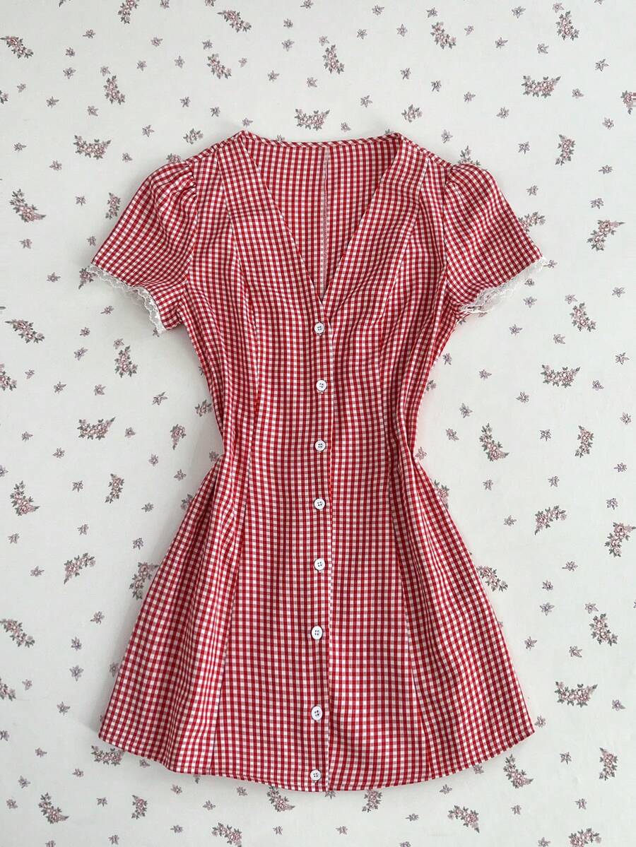 Elamini Women's Plaid V-Neck Short Sleeve Single-Breasted Casual Dress - Red - View 1