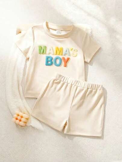 SHEIN Playful Pals 男婴多色字母印花街头时尚婴幼儿套装，卡其色