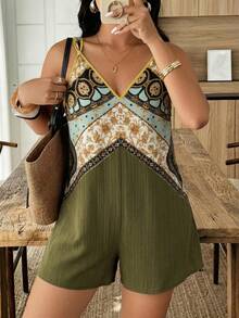 Weeklong Plus Size Twist Knot Camisole,Palace Floral Print Patchwork Textured Fabric Military Green Romper,Boho Light Blue Summer Vacation Casual Jumpsuit - Multicolor - View 1