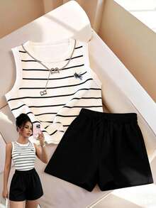 Franclia Bộ đồ 2 món thanh lịch dành cho nữ, thích hợp cho kỳ nghỉ, gồm áo kẻ sọc và quần đen. - Nhiều màu - Xem 1