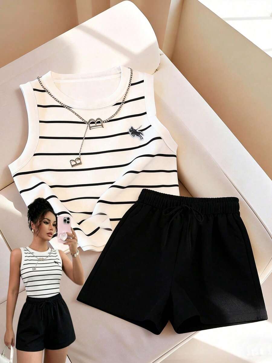 Franclia Bộ đồ 2 món thanh lịch dành cho nữ, thích hợp cho kỳ nghỉ, gồm áo kẻ sọc và quần đen. - Nhiều màu - Xem 1