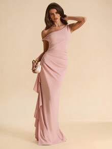 SHEIN BAE Vestido de dama de honor de unicolor para primavera y verano, vestido largo elegante con pliegues, abertura alta, volantes y hombros oblicuos, vestido sexy con nudo retorcido y hombros descubiertos para fiestas - Rosa Pálido - Ver 5