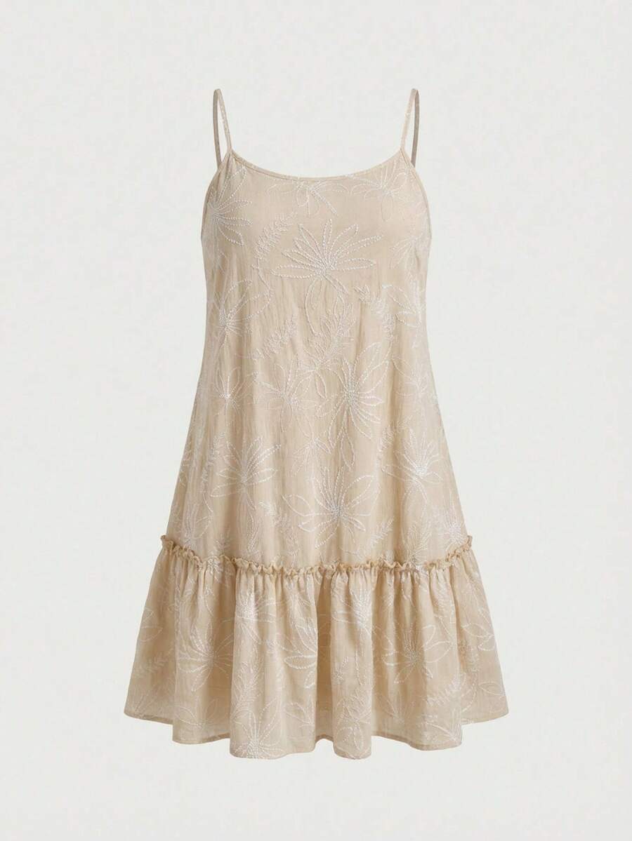 SHEIN EZwear 浪漫花卉提花宽松短款连衣裙,可调节肩带,适合休闲、派对、音乐节、通勤、返校、度假、街头风、居家、外出、城市漫步等多种场合,杏色 - 杏色 - 查看 1